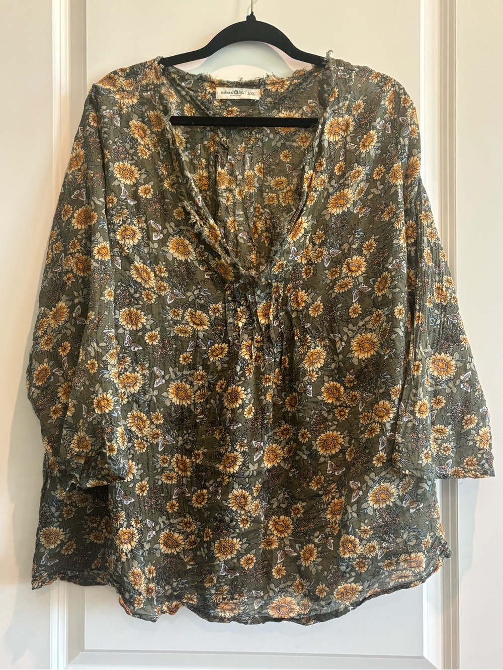 Natural Life XXL Boho Floral Peasant Blouse Green Cottagecore Top